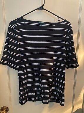 Lauren Ralph Lauren Black and White Striped Short Sleeve Boatneck Top